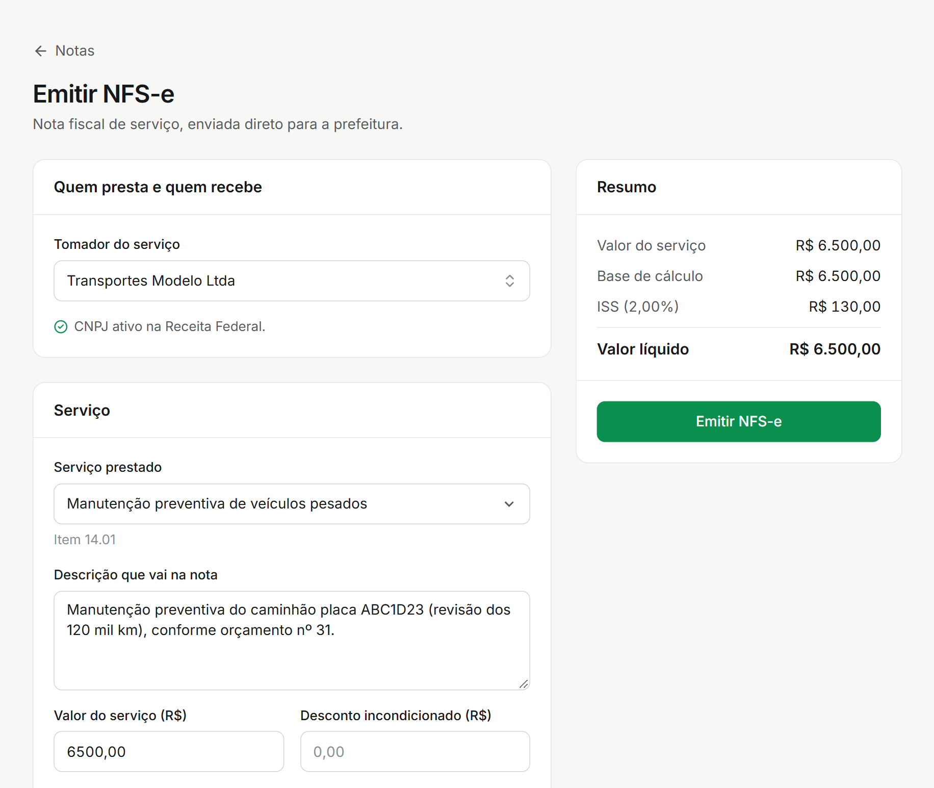 Tela de emissão de NFS-e com tomador, serviço, descrição, valor e o resumo do ISS calculado